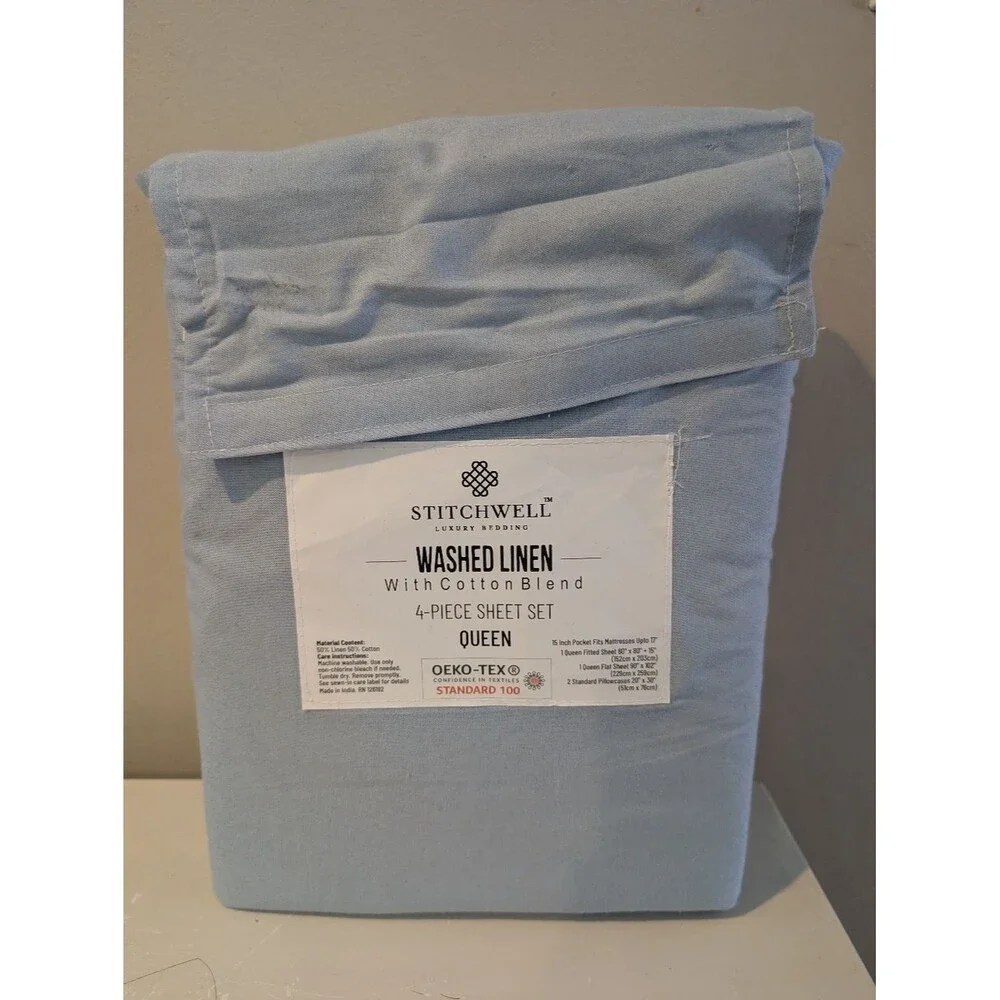 StitchWell Linen Blue Queen Sheet Set